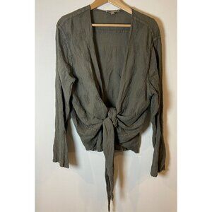 Flax Tie Front Open Blouse Texture Linen Blend Lagenlook Olive Green XL
